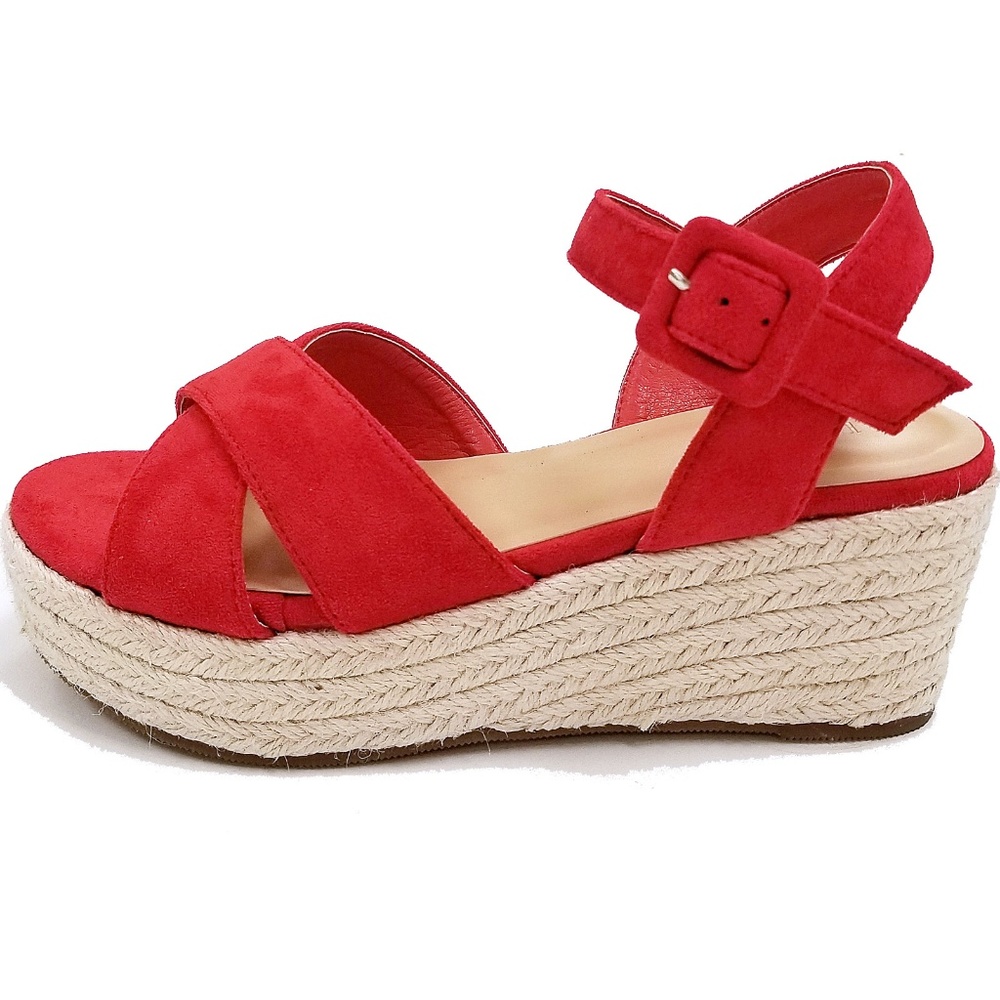 New Red Cross Straps Wedge Espadrille Sandals - Picture 2 of 8